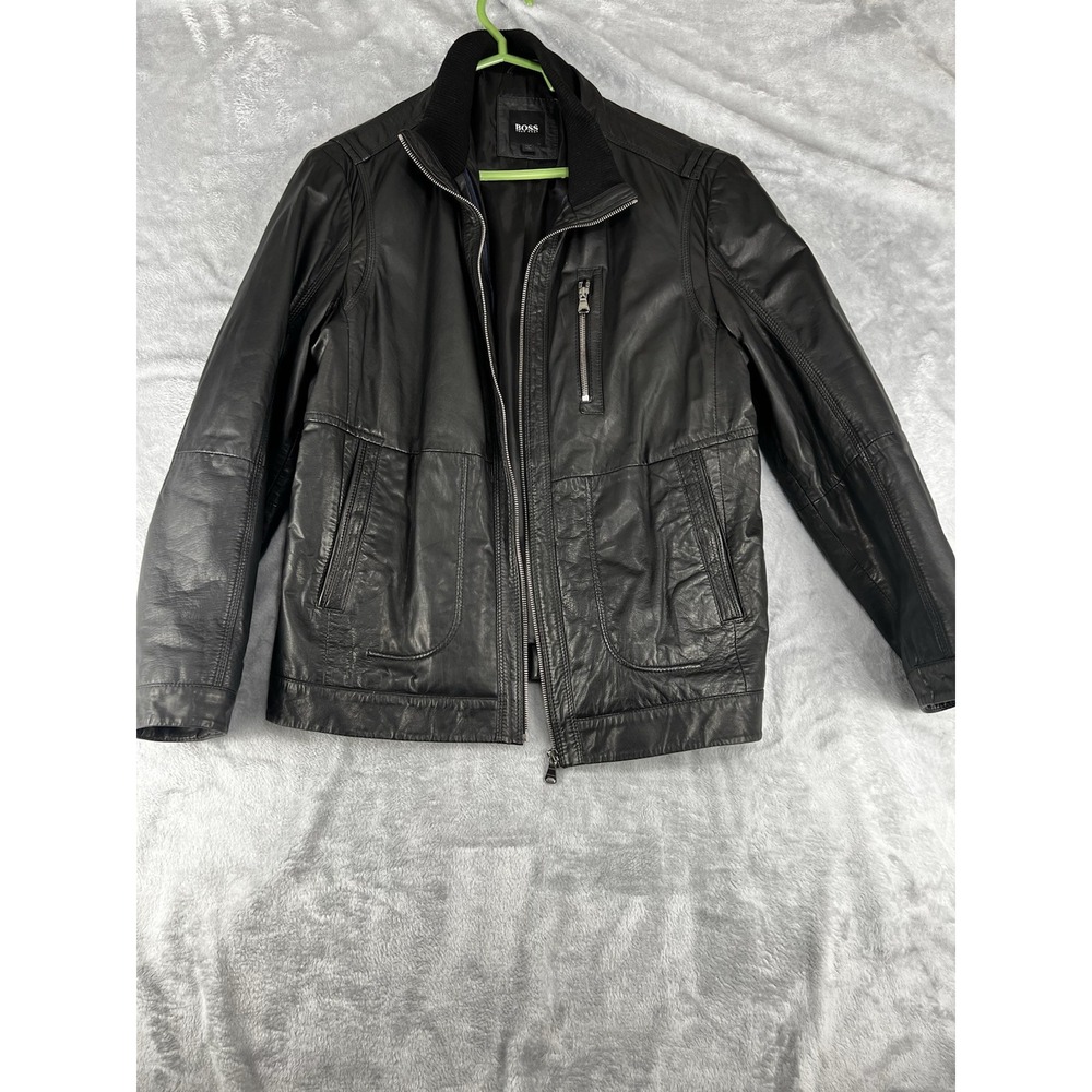 BOSS Hugo Boss Black Calf Leather Jacket Mens 40R Full Zip Moto Coat